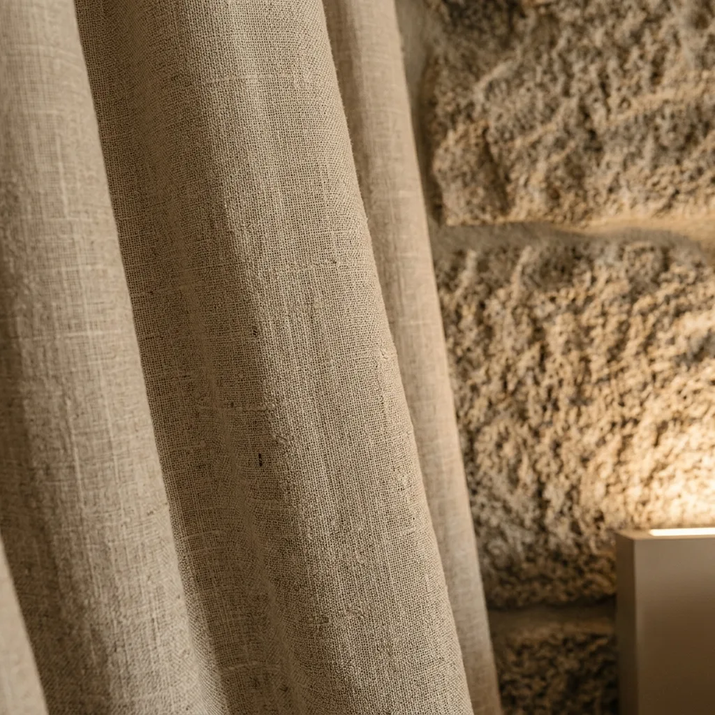 Cortinaje pesado sobre muro de granito, solución acústica hotelera