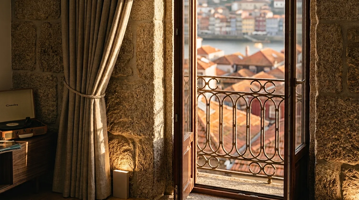 Detalle de muro de granito original en habitación de hotel, Oporto