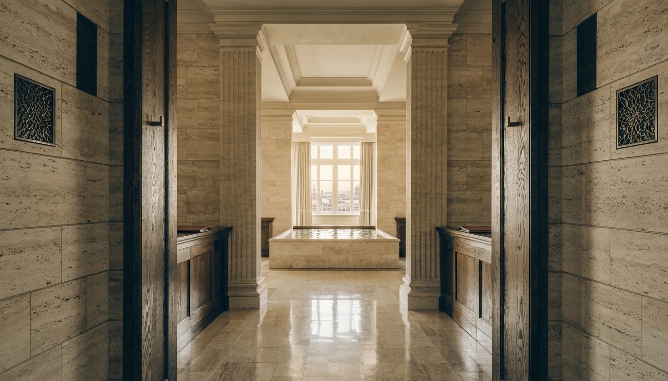 Lobby de hotel de lujo con diseño neoclásico contemporáneo — línea de visión limpia y materiales nobles