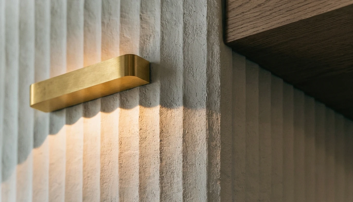 Luminaria de pared warm-dim rasando panel de yeso estriado en espacio wellness