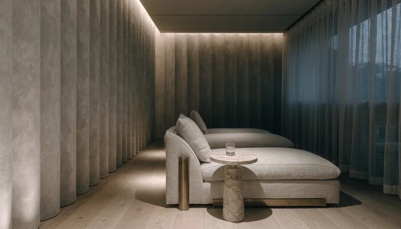 Iluminación cálida indirecta en zona de relax de spa de hotel, diseño wellness