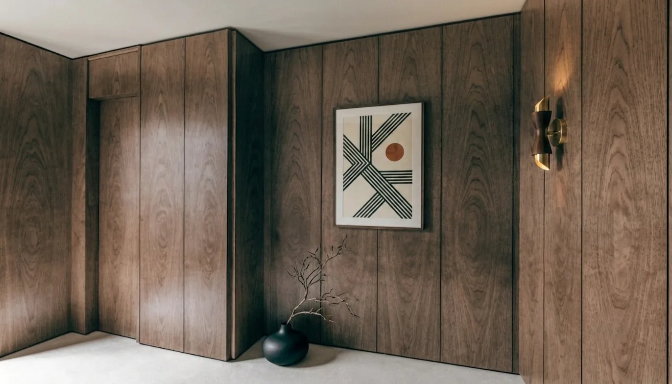 Boiserie contemporánea en roble ahumado con puerta oculta, revestimiento de madera en paredes