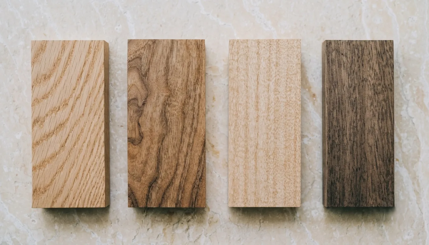 Muestras de roble, nogal, fresno y teca para elegir madera según su función en interiorismo
