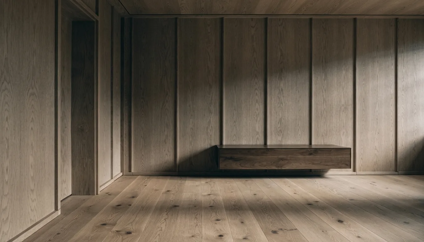 Salón neoclásico contemporáneo con panelado y suelo de roble, ejemplo de madera en interiorismo de lujo