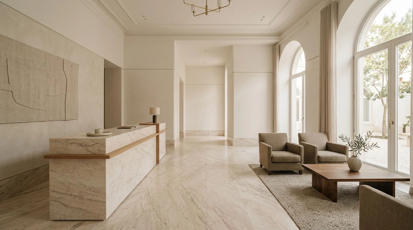 Bloques de mármol de Estremoz en un vestíbulo hotelero — superficie veteada en blanco y dorado con luz natural