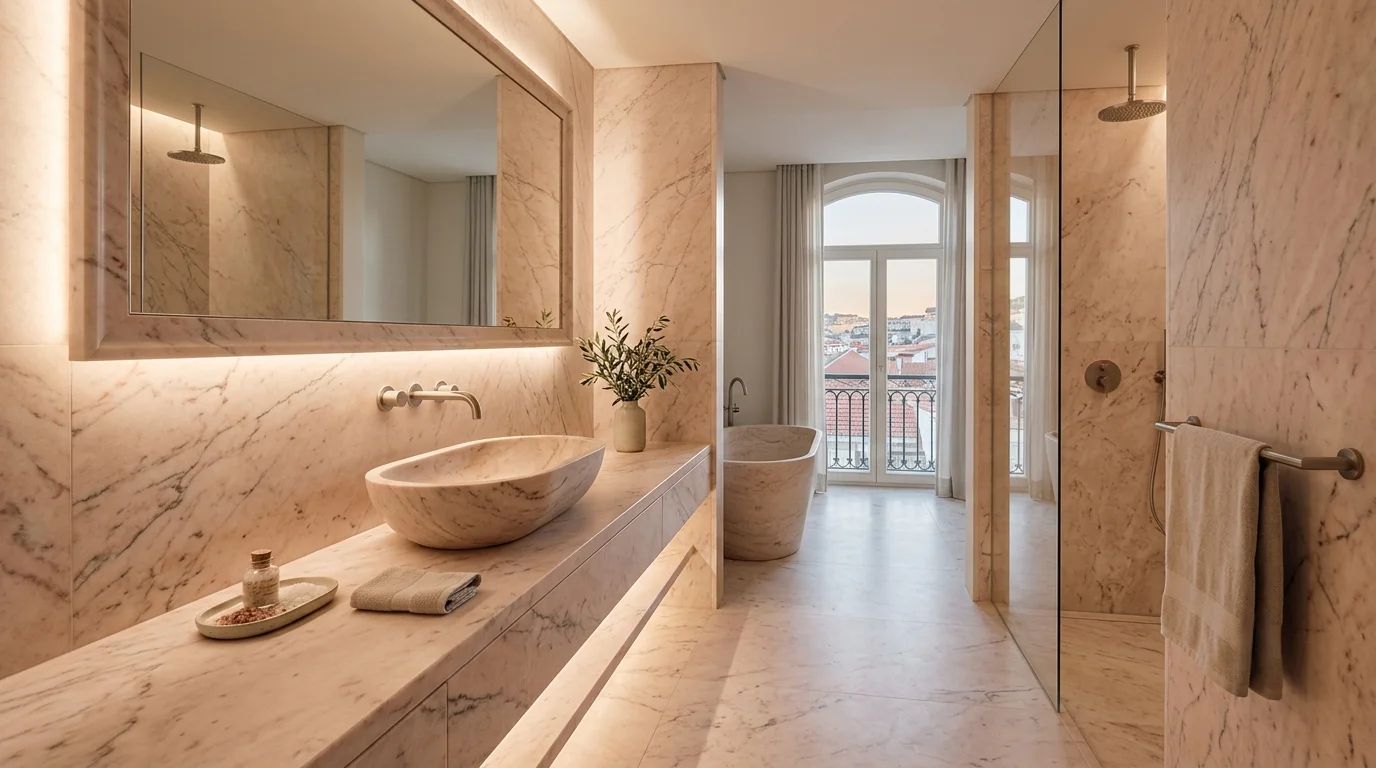 Baño de suite de hotel revestido en mármol rosa de Estremoz, acabado apomazado