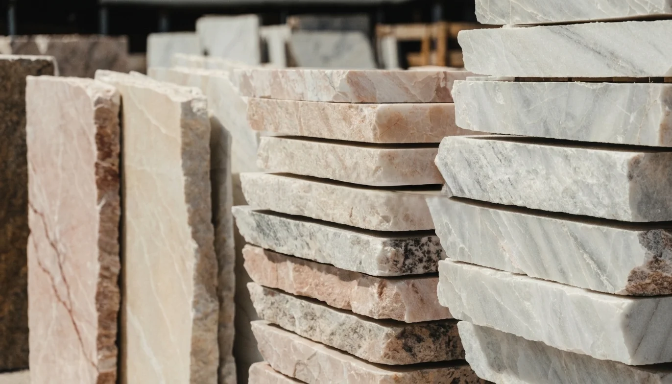 Bloques de mármol de Estremoz en variedades blanco, creme y rosa con su veta natural