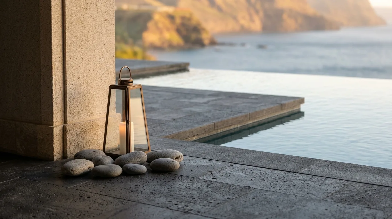 Pavimento de piedra volcánica en borde de piscina, villa en Canarias
