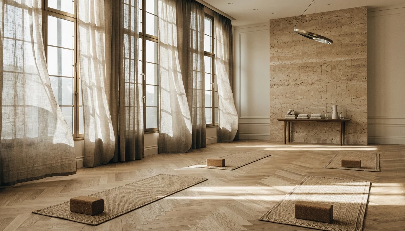 Sala de yoga en hotel urbano con luz natural — Véline Interiors