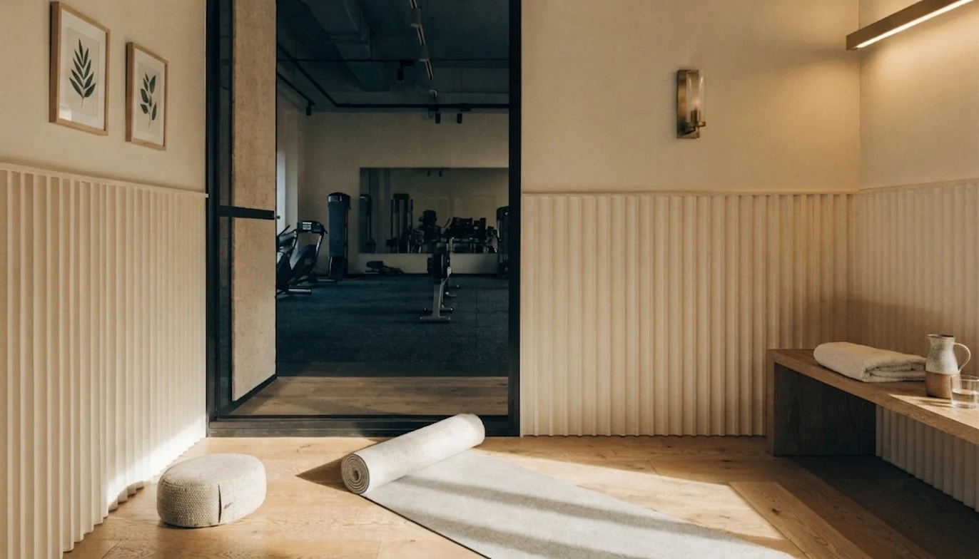 Separación acústica entre gimnasio y sala de yoga en hotel de negocios